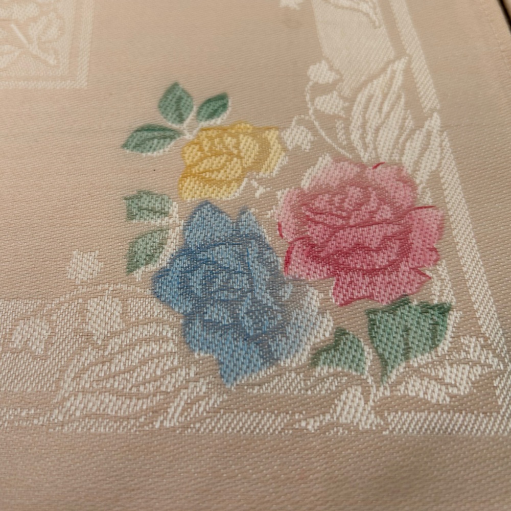 Lot/8 Floral Damask NapkinSet, pale pink w/flowers Handpainted in Japan. Vintage